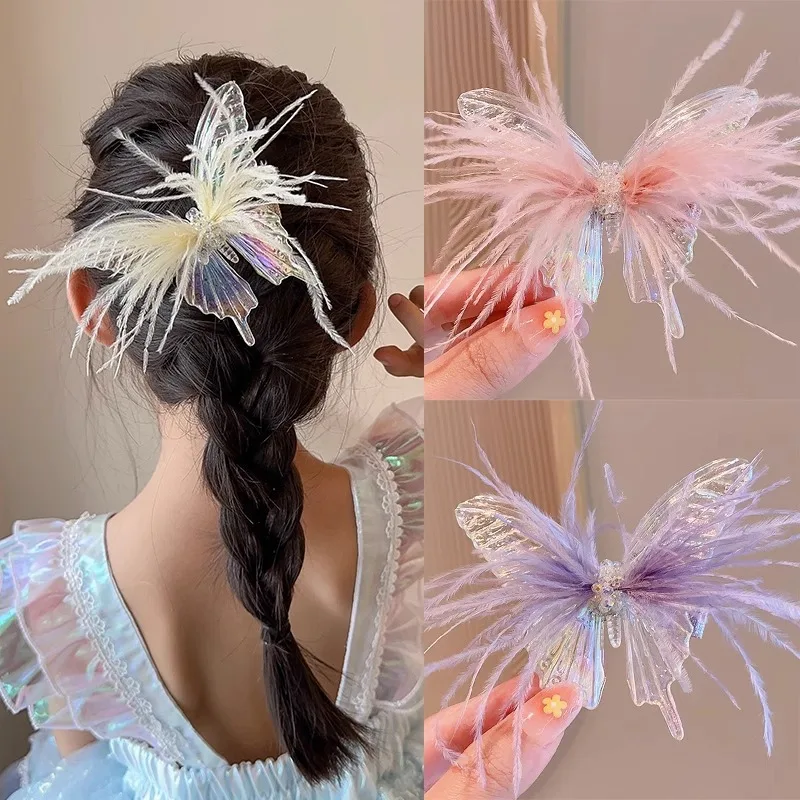 Children's Transparent Butterfly Hair Clip 3D Feather Hair Clip Girl Home Accessories Baby Headwear