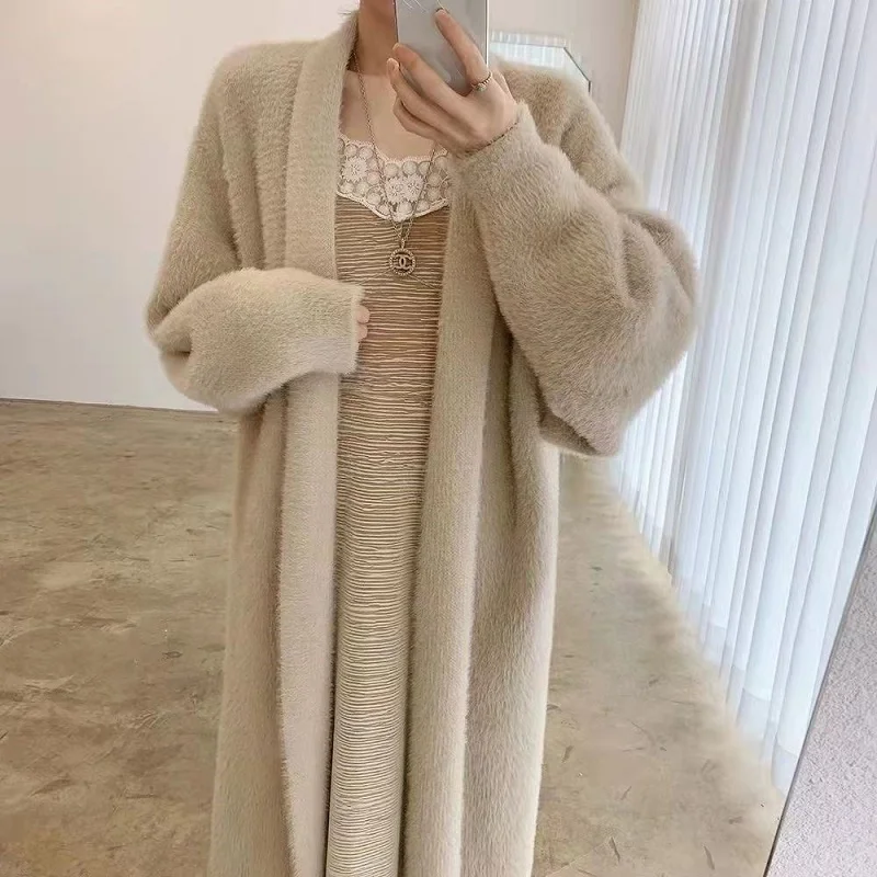 女性のための白いロングカーディガン,ふわふわの服,長袖,カシミアセーター,暖かいヴィンテージコート,韓国スタイル,冬の服,新しい,2022 女性のための白いロングカーディガン,ふわふわニット,長袖