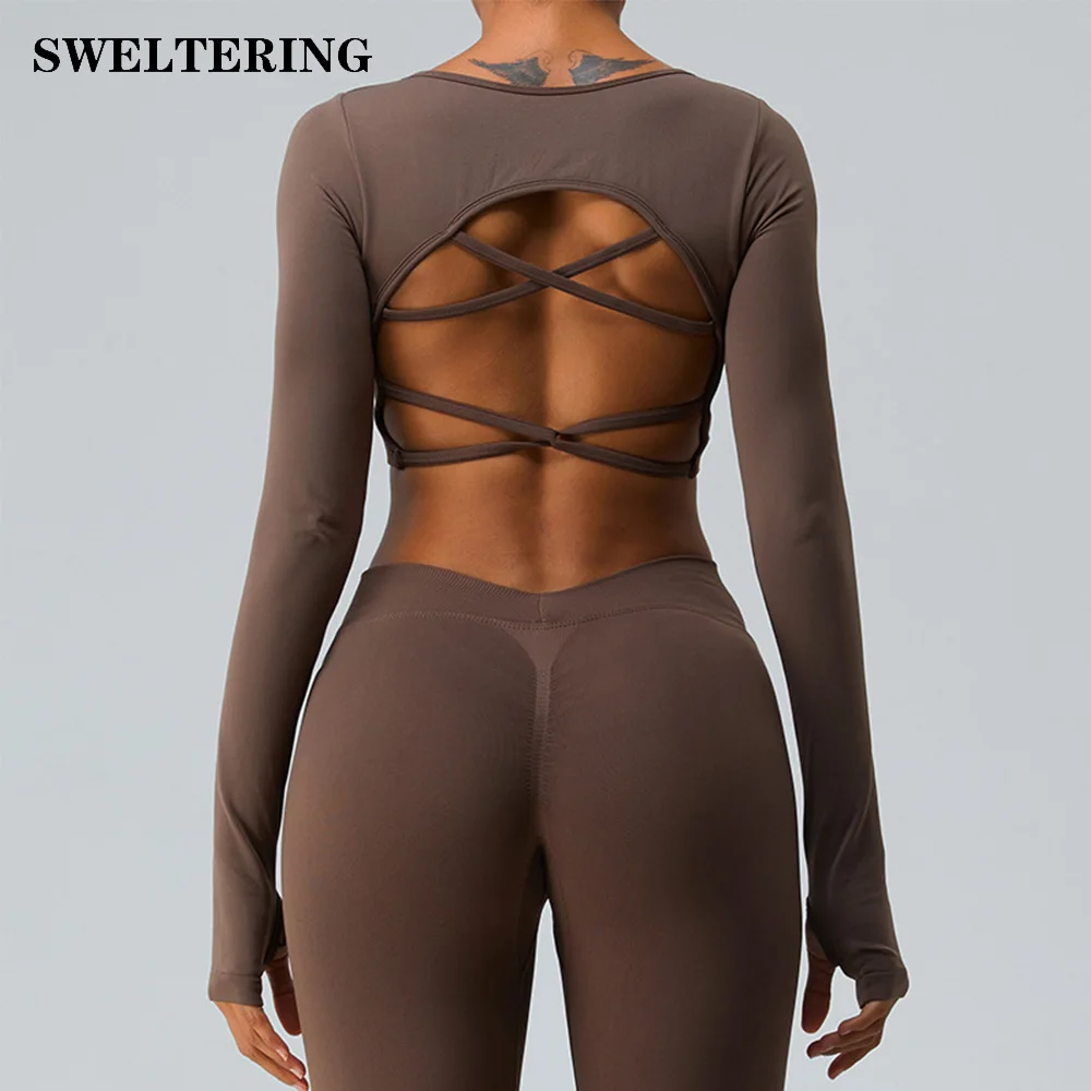 Women Yoga Shirts Crop Top Seamless Long Sleeves Backless Shirts for Women Yoga Sports Fitness Gym Clothes Push Up Workout Tops