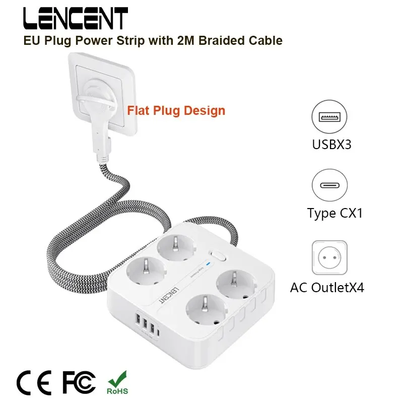 LENCENT EU Plug Power Strip with 4 AC Outlets+ 3 USB+ 1 Type C +2M/3M Braided Cable Multi Socket with Switch for Home/Office BEST SELLERS