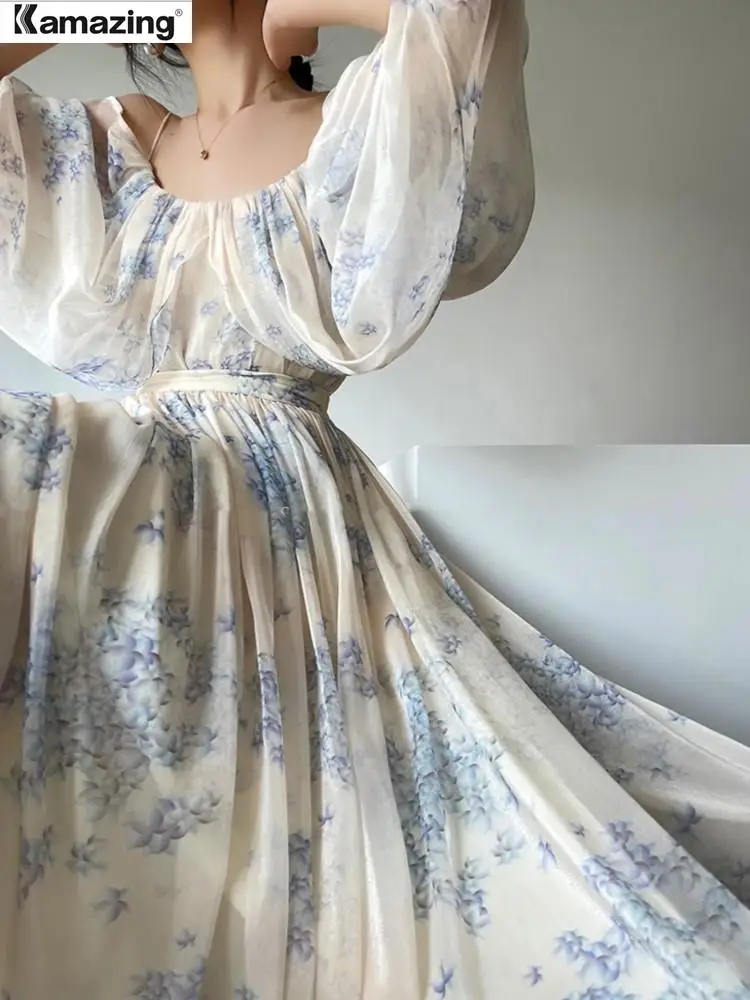 

French Elegant Floral Skirt Set Women Summer Vintage Lantern Sleeve Top & High Waist A-Line Skirt 2 Piece Suit Outfits