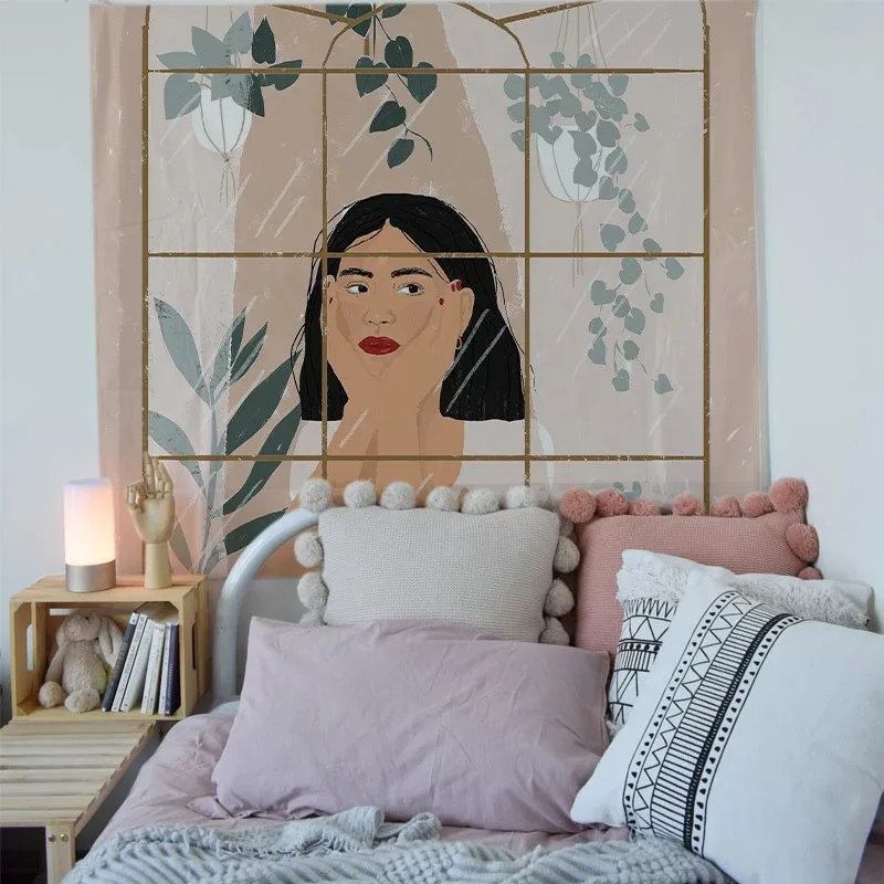 Nordic cartoon girl character tapestry fresh home decoration room bedroom living room wall background hanging cloth tapestry decor