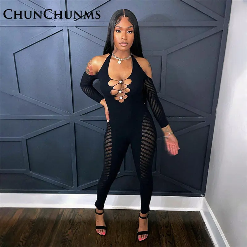 

Sexy Hollow Out Knitted Hook Floral Tight Long Sleeve Jumpsuit Women Halter Neck Backless Stretch Romper See Through Overall