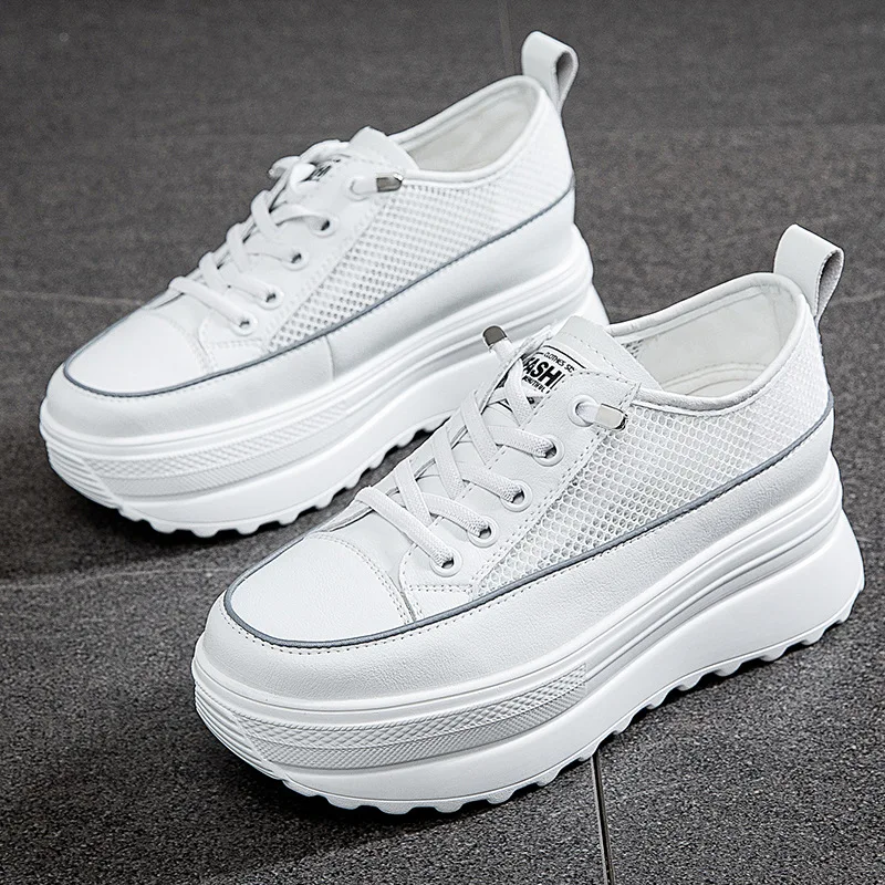Spring and Autumn Leather Wedge Shoes Breathable and Comfortable White Casual Thick-soled Sneakers Fashion Running Shoes