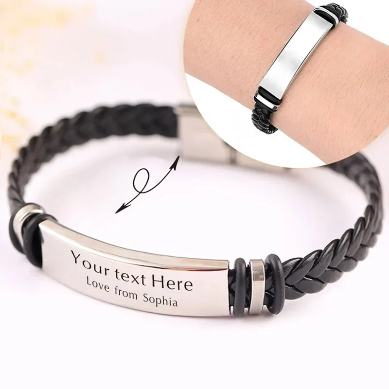 Custom Name Logo Any Text Engraved Leather Bangle & Bracelet Personalized Stainless Steel Bracelets For Women Men ID Bracelet personnalisé bracelet for women custom necklace bar engraved name text mantra bangle cuff stainless steel jewelry for women gift