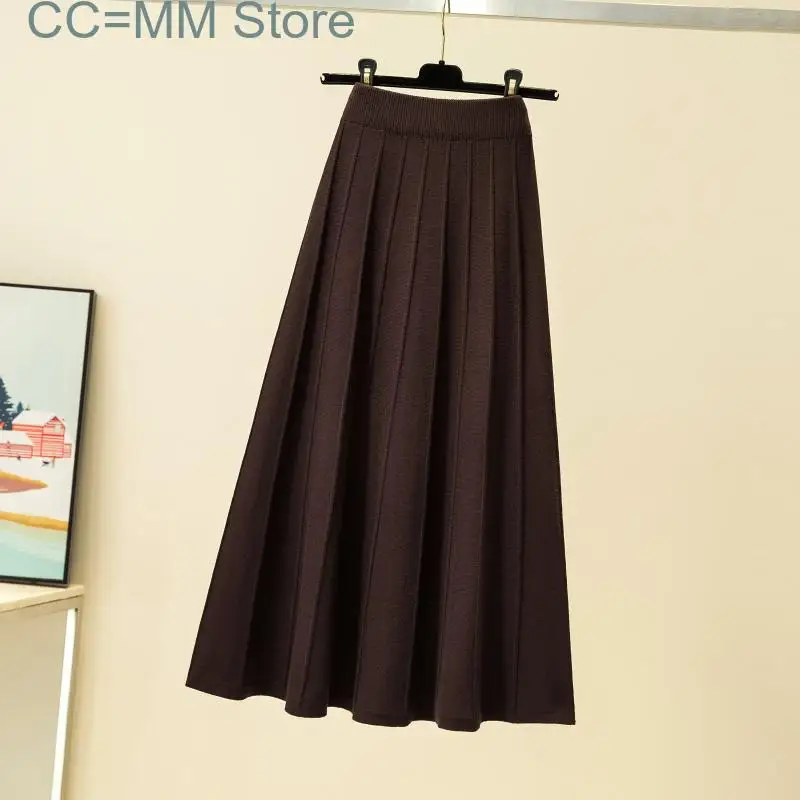 New Knitted Pleated Skirts for Women Fall Winter Korean Fashion High Waist Skirt Office Ladies Elegant Midi Skirt