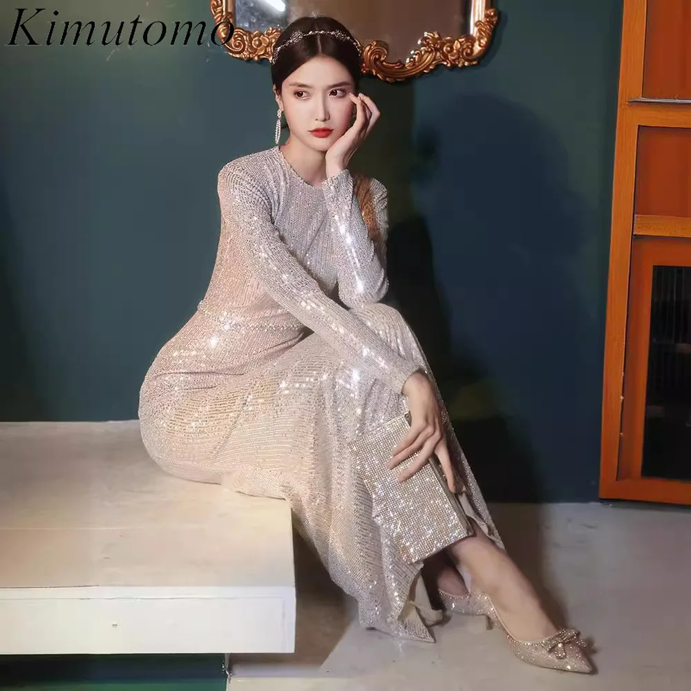 

Kimutomo Fishtail Hip Shiny Dresses Sequined Long-sleeve Formal Dress Women Elegant Celebrity Style Maxi Sexy Beaded Vestidos