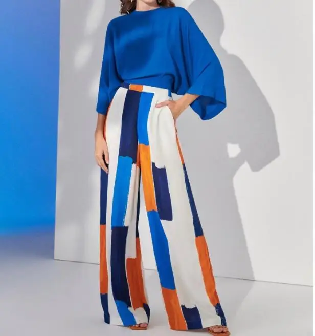 

Fashion Two Piece Set Women Outfit 2023 Summer Loose Commuter Top High Waist Printed Elegant Office Wide Leg Pants Set Clothes