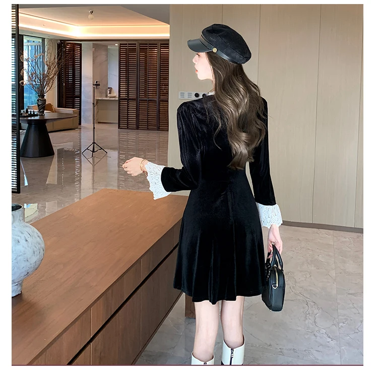 Woman Spring Summer New Elegant Velvet Mini A-line Dresses Long Sleeve Party Fashion One Piece Robe