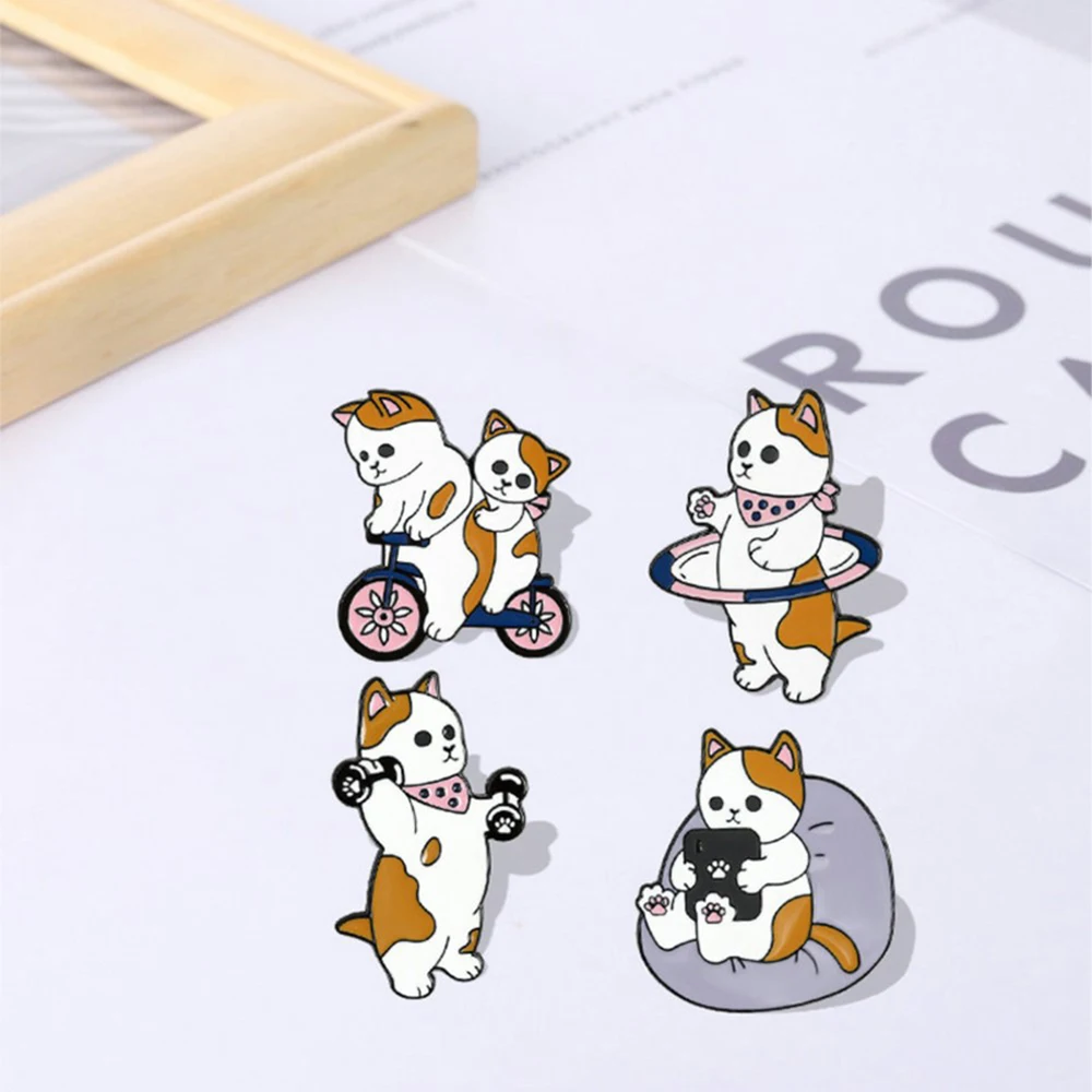 

Funny Cats Enamel Pin Custom Cat Egg Bike Dumbbells Sports Brooches Bag Lapel Pin Cartoon Badge Jewelry for Kids Friends