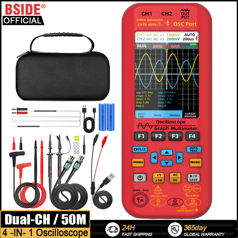 FNIRSI 2C53P Oscilloscope Numérique à Poignée Multimètre Générateur De Signal 3 En 1 écran Tactile Portable 2 Canaux 50 MHz 250 MSa/s