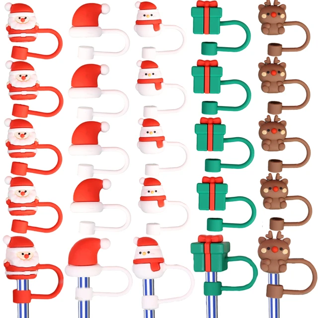 Christmas Series Silicone Straw , Reusable Dustproof Cute Straw