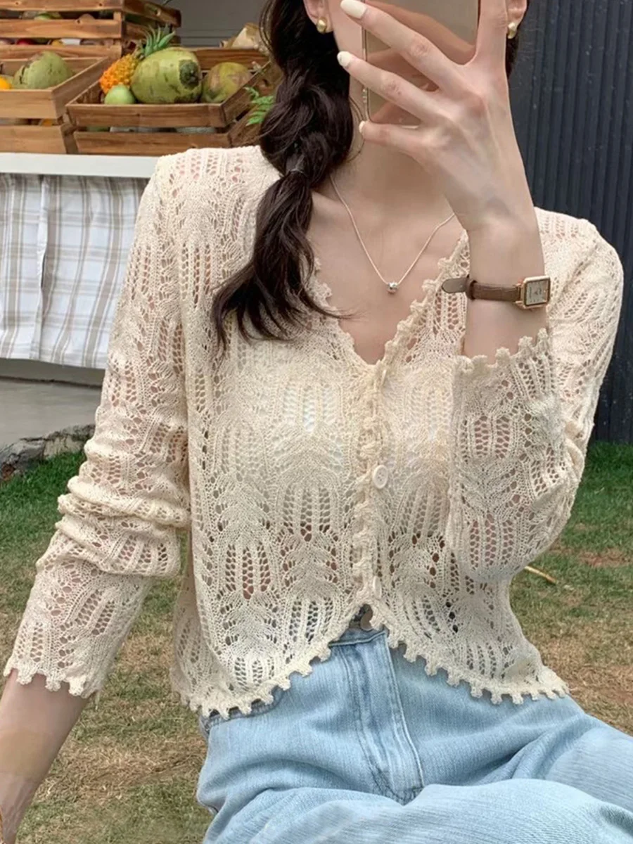 

2023 Summer Hollow Lace Knitted Cardigan with Strap Dress Wrapped with Sunscreen Cover, Shawl Coat, Luxury Women