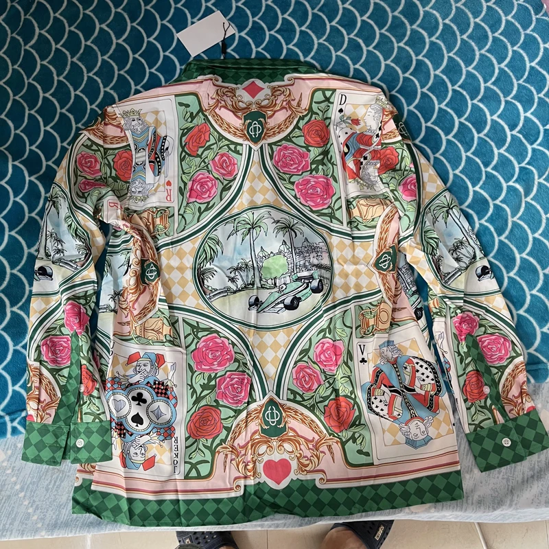 

Stock Casablanca Shirt High Quality 3XL Green Plaid Poker King Print Long Sleeve Tops Street Casa Shirts for Men Women