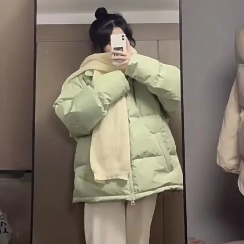 

Winter Light Green Fashion Women Cotton Coat Loose Zippers Solid Casual Cotton Jacket Stand-collar Korean Female Cotton Jacket