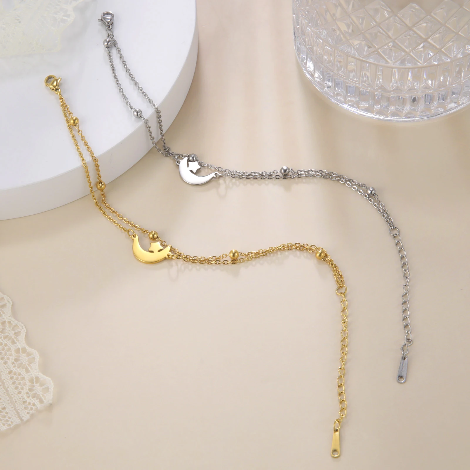 Kkjoy Armbänder Von Frauen Silber Farbe Edelstahl Doppel Mond Kette Stern Perlen Armreifen Minimalistischen Weiblichen Schmuck Zubehör – Detail 38