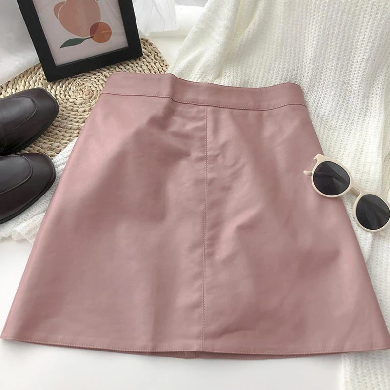 floral skirt JMPRS Women Skirt A-line Fashion High Waist Faux Leather Spring Zipper Up Korean Version PU Solid Color Female Mini Skirts New black leather skirt