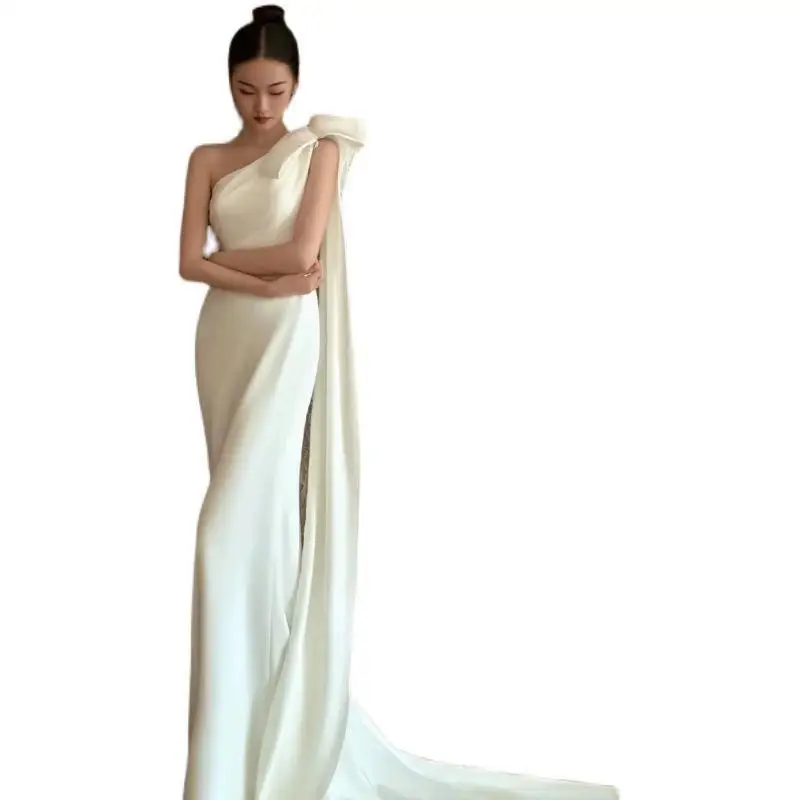 Elegant One Shoulder Mermaid Wedding Dresses Comfortable Satin Bridal Dress With Small Train New Simple Evening Dress Customized 6