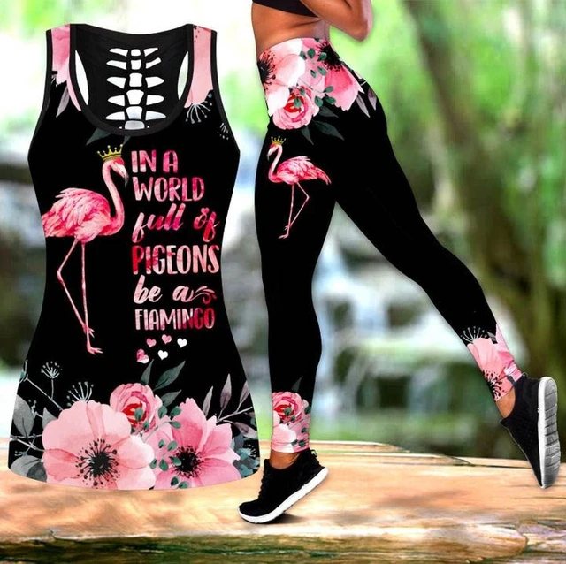 Women Flamingo 3D Print Yoga Suit Sports Tank Tops Yoga Leggings