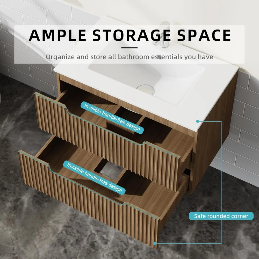 30” Wall Mounted Bathroom Vanity with Sink Floating Bathroom Cabinet Sink Combo, Soft-Close System, 2 Extra Big Drawers, Walnut 4