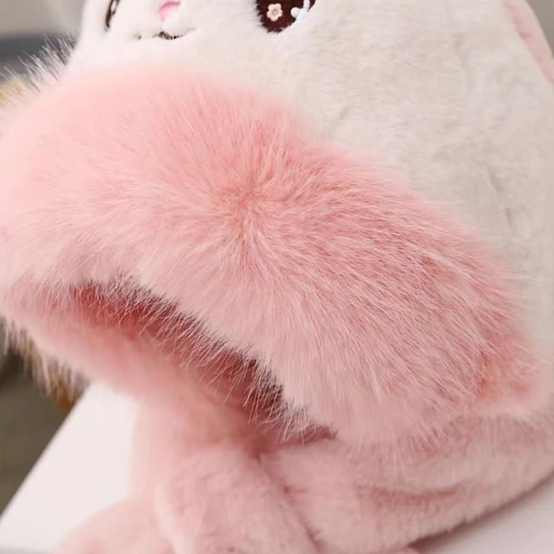 Cartoon Rabbit Baby Plush Hat Scarf Winter Fluffy Fur Ear Protection Cap for Toddler Cute Bunny Ear Kids Boy Girl Beanie Caps 4