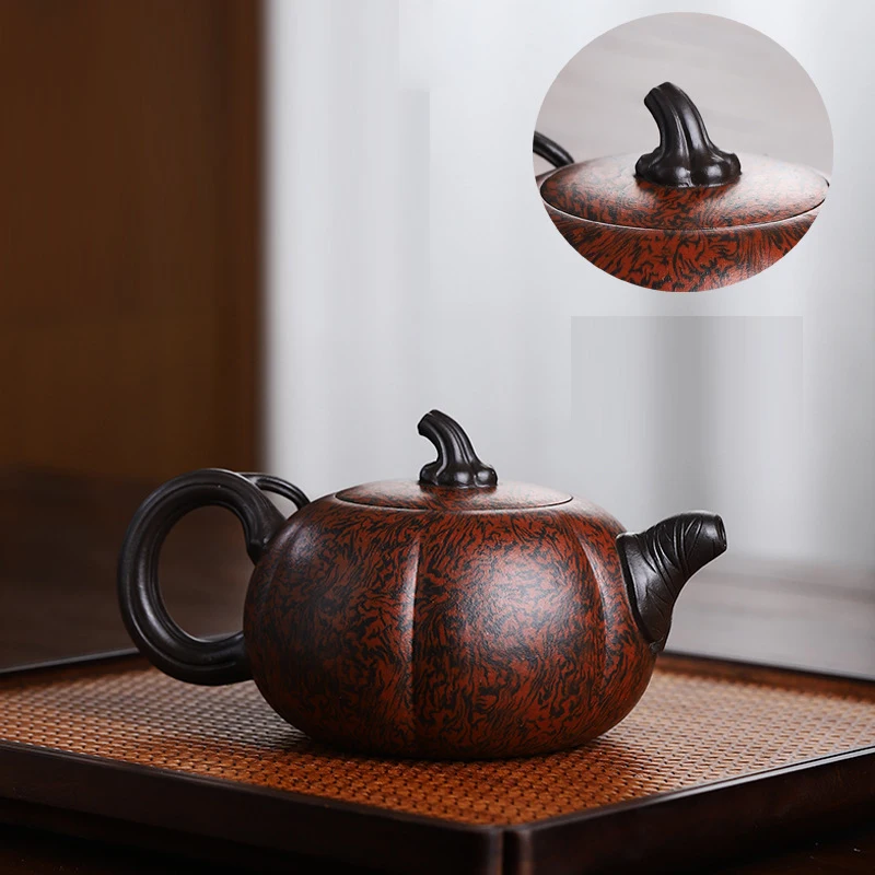 Chinese Style Pumpkin Shaped Teapot, Purple Clay Twisted Mud, Kung Fu Household Supplies, Pure Handmade, 370ML, Tea Pots, 1Pc