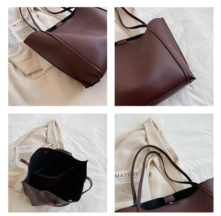 Damen-Tragetasche, modische Unterarmtasche, große Kapazität, weiche PU-Leder-Umhängetasche, Retro-Crossbody-Tasche, lässige tragbare Bucket Bag – Detail 7