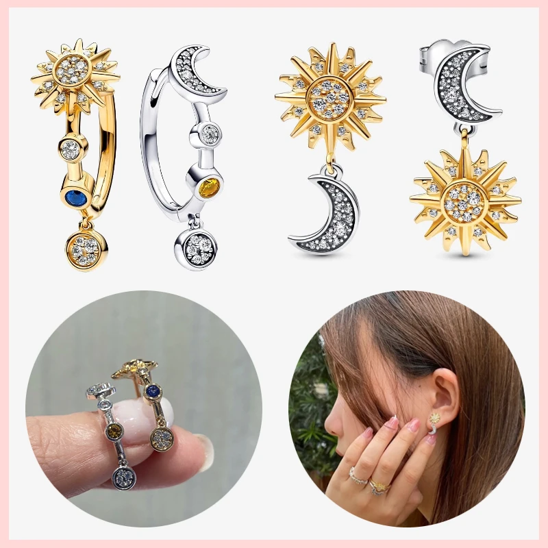 

100% 925 Sterling Silver Sparkling Celestial Golden Sun & Moon Earrings For Women Wedding Party Jewelry Perfect Birthday Gift