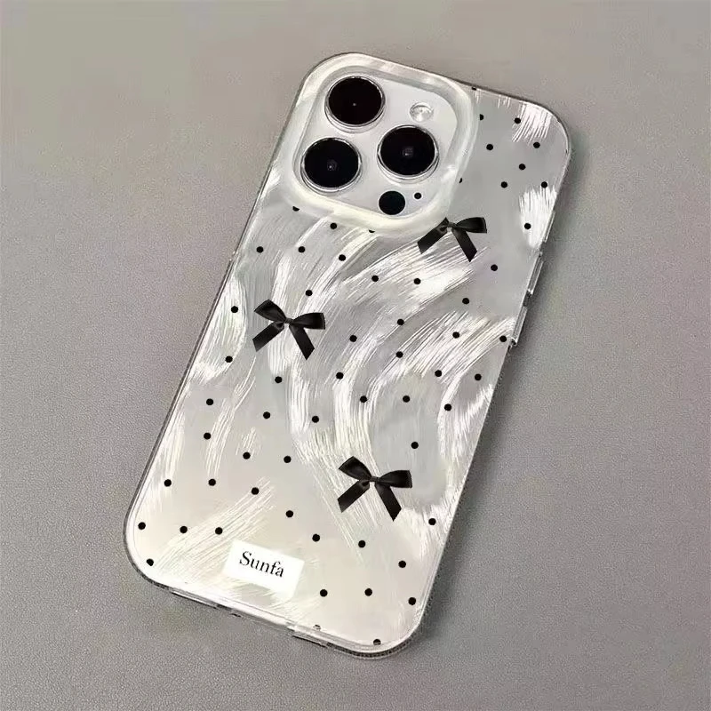 Black Polka Dot Bow Phone Case - Y2K-Inspired Hard Cover