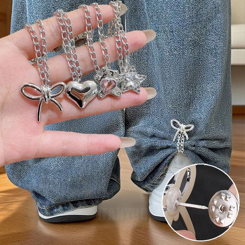 실버 보우 하트 조절 가능한 바지 다리 클립, 바지 핀, 접이식 고정 레그 팬츠, 루즈 버튼, 청바지, 가디건 도구