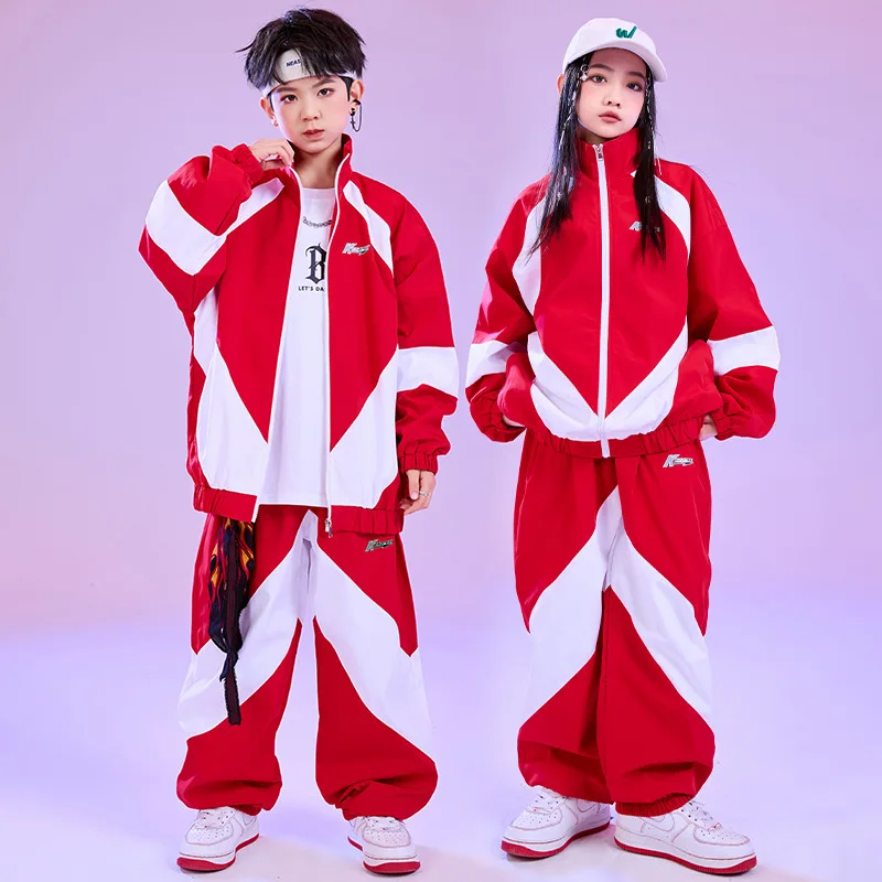 Kid Hip Hop Clothing Red White Color Block Windbreaker Jacket Casual ...