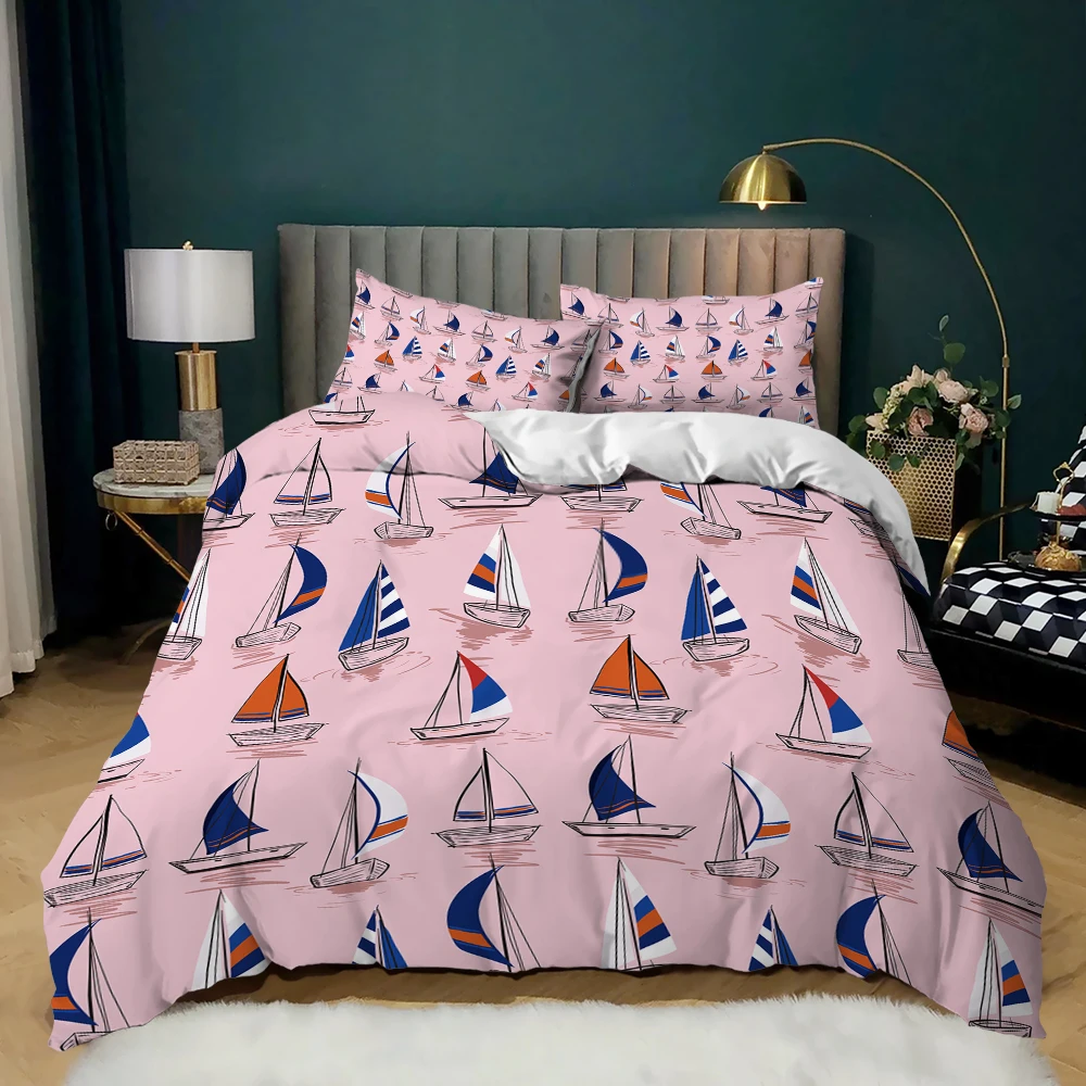 Nautical Boat Sail Sea Blue Duvet Cover Bedding Set Comforter Linen Pillowcases For Kids Adults Single Double King Queen