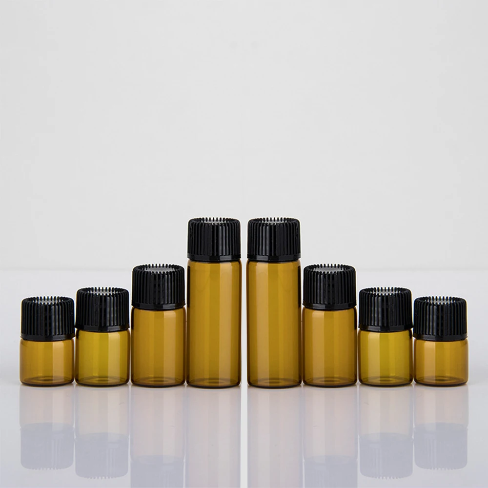 

20/50/100/200PCS Mini Empty Glass Amber Essential Oil Bottle with Orifice Reducer Refillable Vials Cosmetic Sample Test Tube