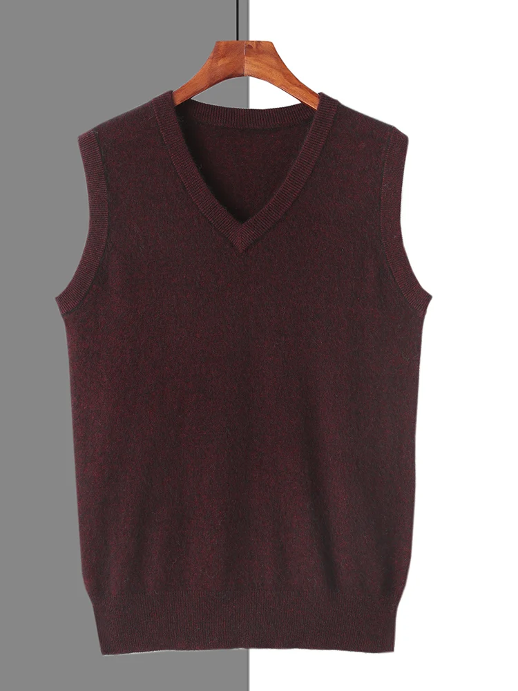 Men 100% Pure Mink Cashmere Vest Sleeveless Sweater Spring Autumn V-Neck Vest Middle-Aged Warm Tops Knit Waistcoat Loose Outer