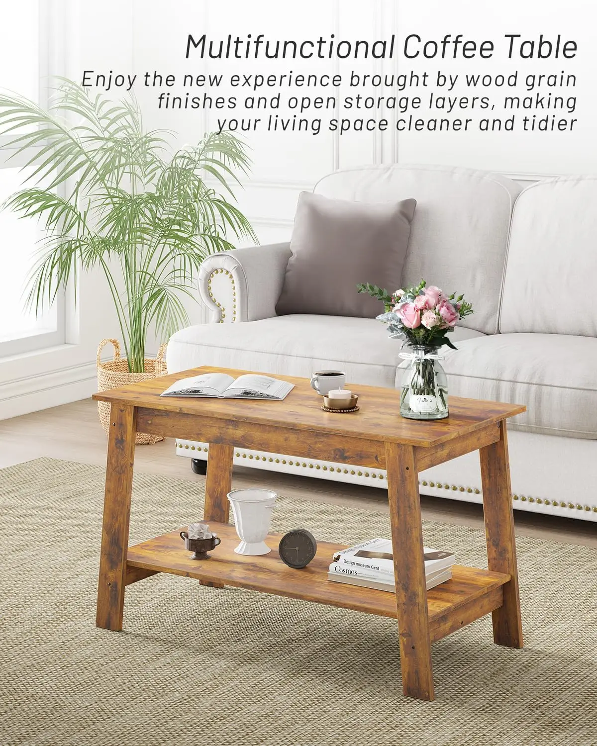 Coffee Table, Rustic Coffee Tables for Living Room, Outdoors, Home Office, Bedroom, Wood Living Room Tables with 2-Tie, Brown 5