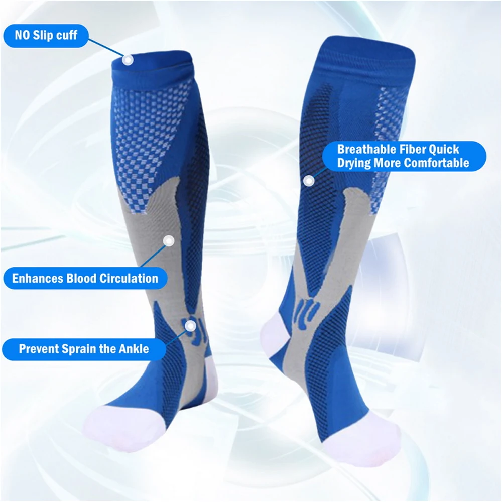 The varicose veins compression socks shown in multiple colors including Green, Orange, Blue, Dark Green, White, Pink, Black, Red, and Gray demonstrating the 360-degree stretch circular knit nylon construction for sport, medical, and occupational use.