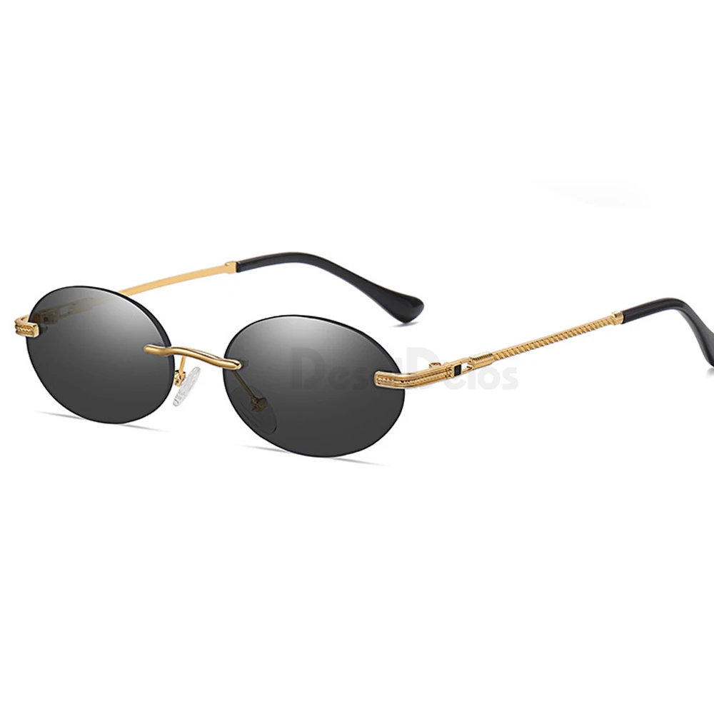 

Retro Oval Sunglasses Rimless Man Blue Mirror Gold Metal Male Glasses Round Frameless Women UV400