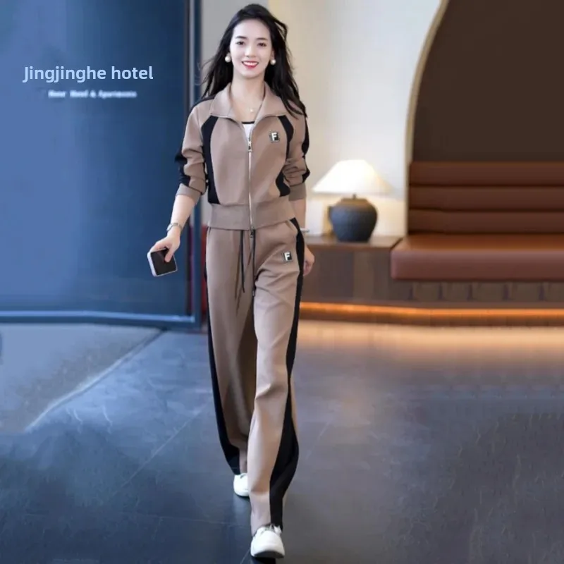 ملابس رياضية كاجوال للنساء لربيع وخريف 2024 نمط جديد لتقليل العمر سترة من النوع الثقيل بنطلون طقم مكون من قطعتين