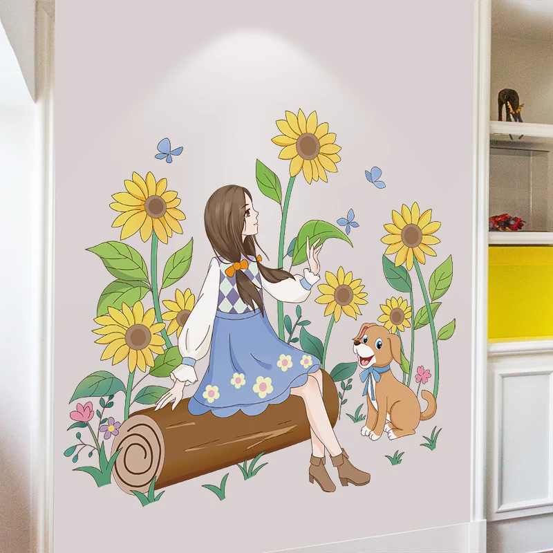 

Cartoon Girl Dog Wall Stickers DIY Sunflower Plants Mural Decals for Kids Rooms Baby Bedroom Kindergarten Home Decoration