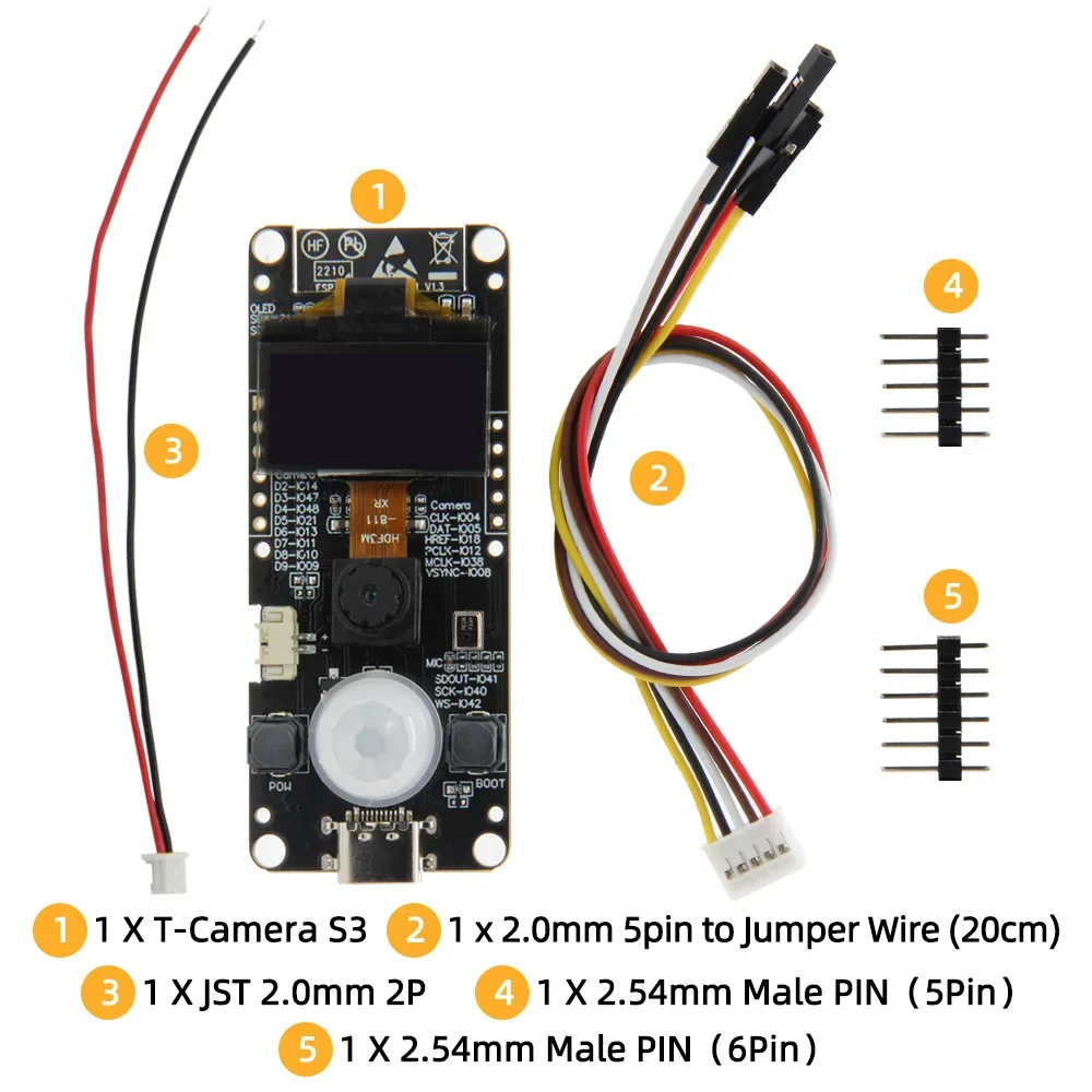 LILYGO®T-카메라 S3 ESP32-S3 ESP32-Cam, 2 백만 픽셀 HD 카메라 플래시, 16MB ESP32-S3FN16R8, 0.96 인치 SSD1306 OLED 마이크 Pir PMU