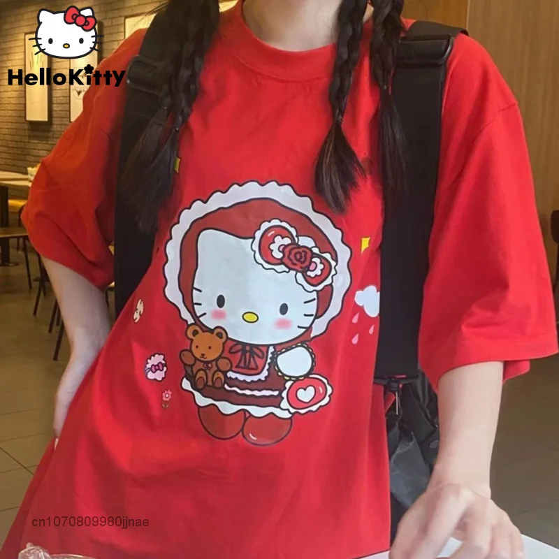 

Hello Kitty Cotton Summer Short Sleeve T Shirt Women New Korean Cartoon Printed Loose Sweet Harajuku Casual Clothes For Girl Y2k