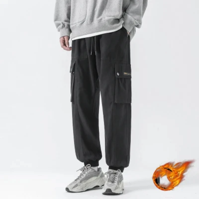 2024 Autumn and Winter New Simplicity Fashion Men's Clothing Splicing Pockets Trend Drawstring Versatile Solid Color Plush Pants