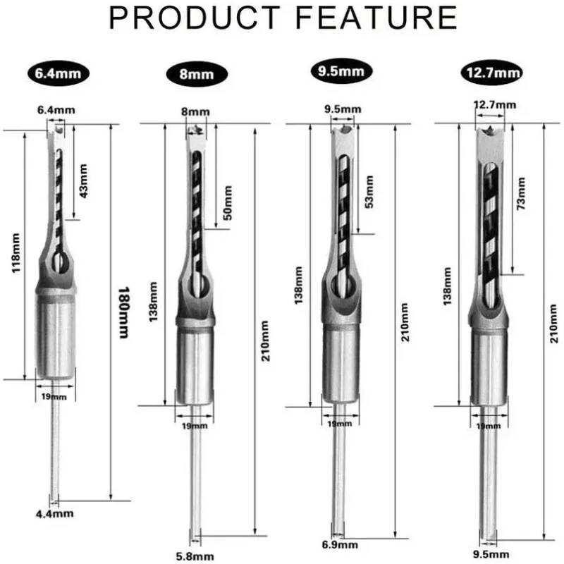 4PCS Woodworking Square Hole Drill Set Woodworking Square Tenon Drill Square Hole Opener Woodworking Square Hole Drill Set