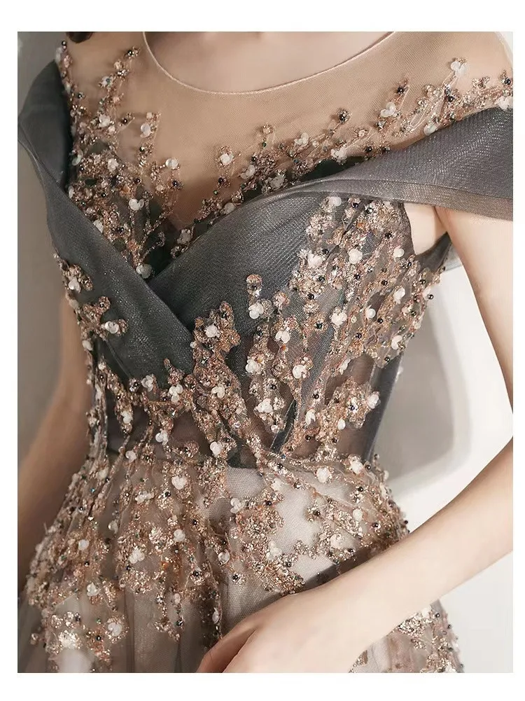 Luxury Prom Dress Off Shoulder A-Line Beading Exquisite Sequins Illusion Scoop Neck Gray Spray Gold Tulle Ceremony Evening Gowns Luxury Prom Dress Off Shoulder A-Line Beading Exquisite Sequins Illusion Scoop Neck Gray Spray Gold Tulle Ceremony Evening Gowns
