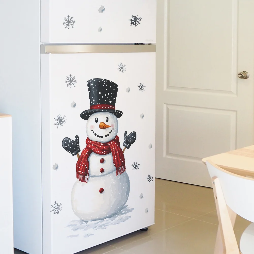 Christmas Snowman Snowflake Wall Stickers Fridge New Year Decoration Mural Cartoon Room Beautify Home Decor Self-adhesive Decals