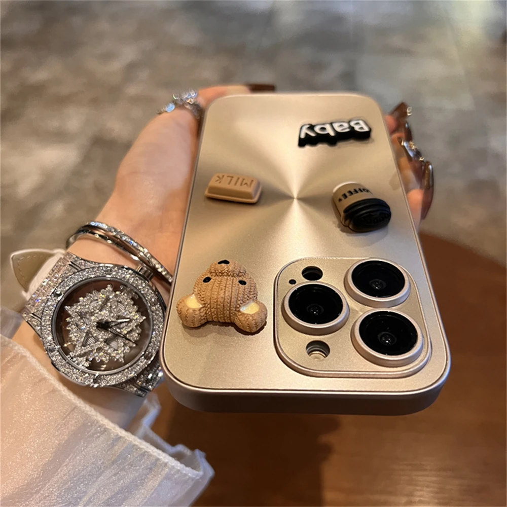 Luxuriöse süße 3D Bär Kaffee Milch Laser Aurora CD Muster Matte Hülle für iPhone 15 14 13 12 Pro Max 11 Kawaii Soft Armor Cover_voghion.com