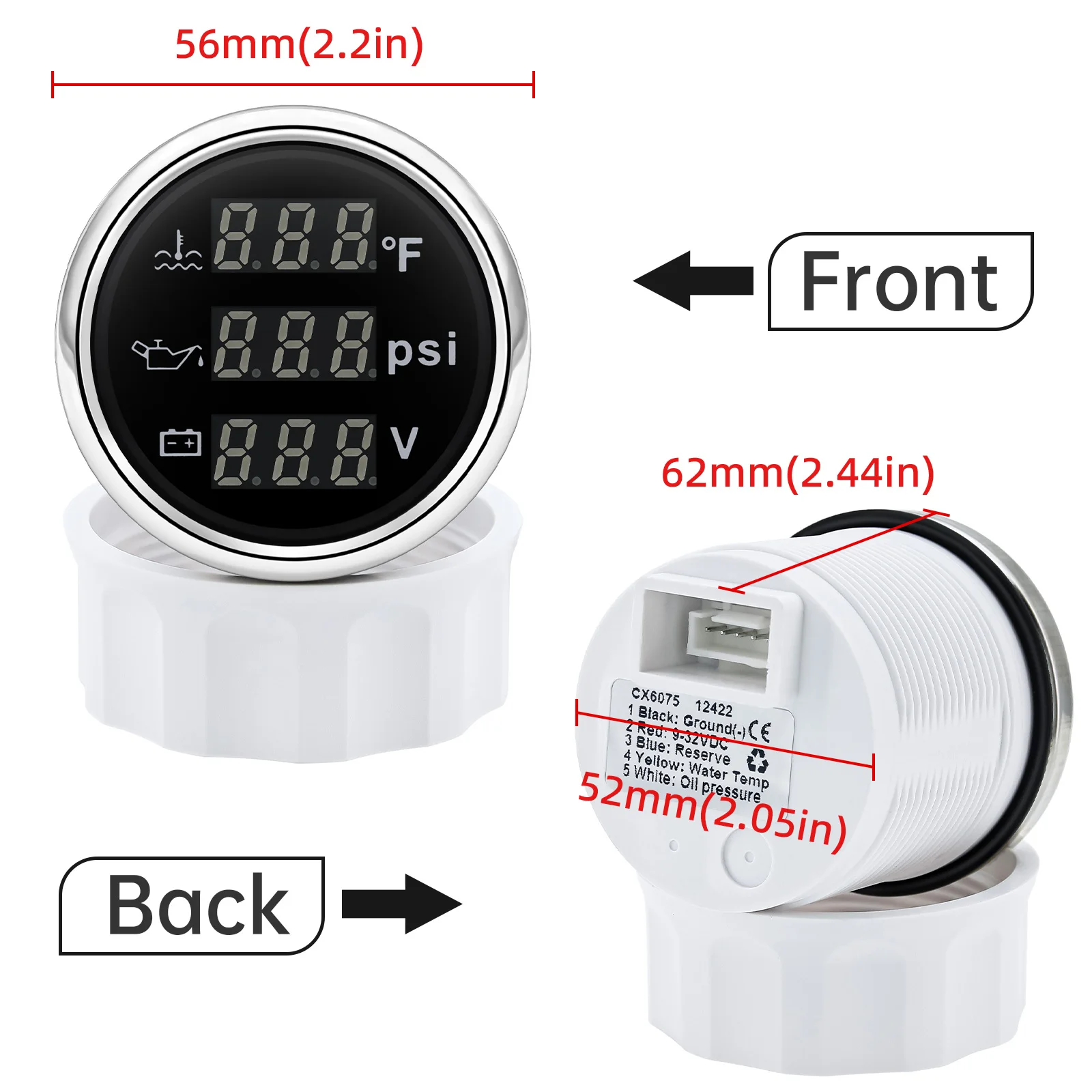 52MM 3 in 1 디지털 게이지 수온계 ℃ / ℉ 블루 백라이트가 있는 자동차 보트 12V/24V용 오일 압력 바/PSI 전압계