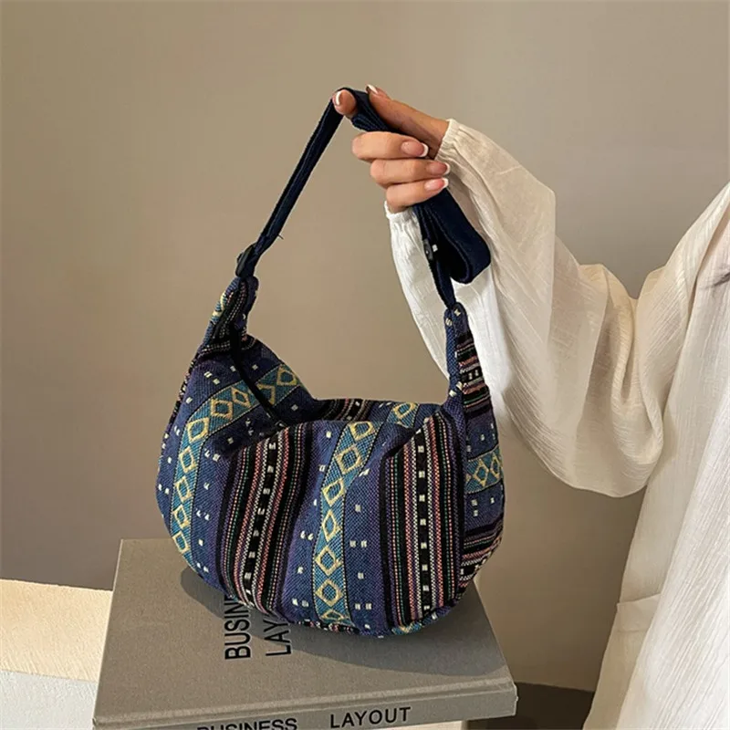 Multicolor Ethnic Style Fashionable Canvas Crossbody Bag, Versatile Dumpling Single Shoulder Bags for Women Daily Collocation