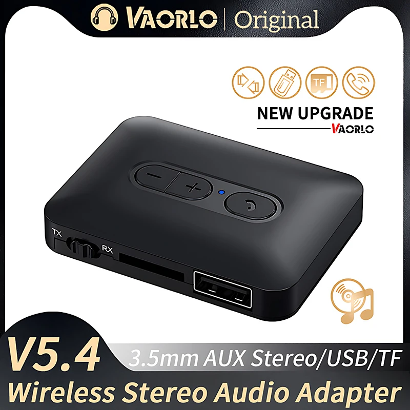 VAORLO Bluetooth 5.4 Audio Receiver Transmitter USB U-Disk TF Card Play 3.5MM AUX Stereo Music Wireless Adapter With Mic For Car TV PC