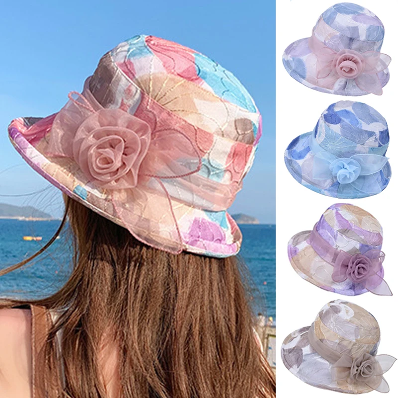 

Summer Sun Hat for Women Travel Beach Hat Flower Streamers Print Sun Protection Basin Cap Outdoor Thin Breathable Fashion Visors